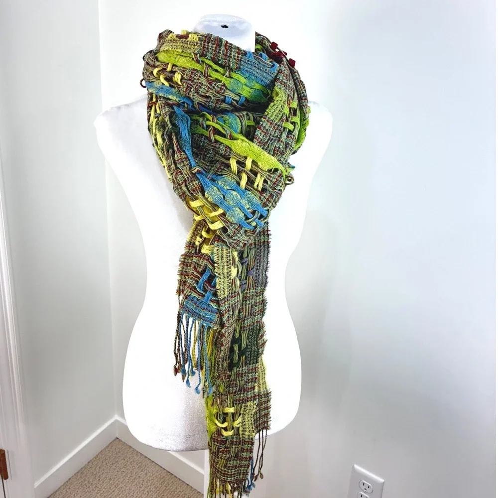Steampunk Artisan Hand Woven Open Knit Fringe Scarf Shawl Multi-Color OS